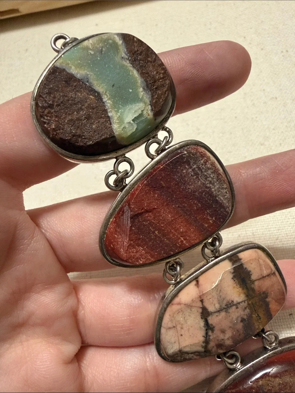 Beautiful Rare Find Sterling Silver 925 Multi-Stone Jasper Link Bracelet 7.5 in